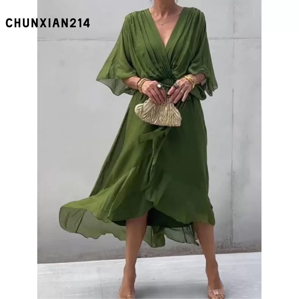 Vestido longo feminino de cor sólida com manga boneca e decote em V com cadarço