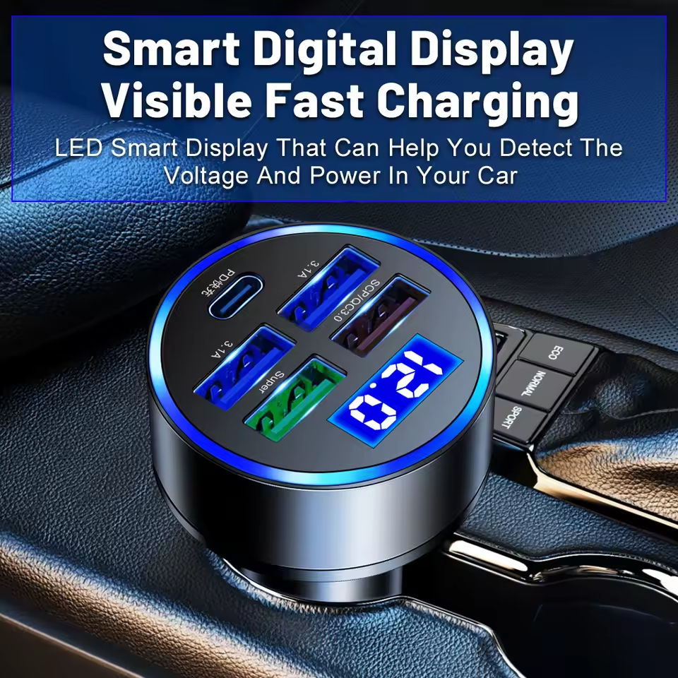 Carregador De Carro De 5 Portas De Carregamento Rápido PD QC3.0 Adaptador USB C Com Tensão Para iPho