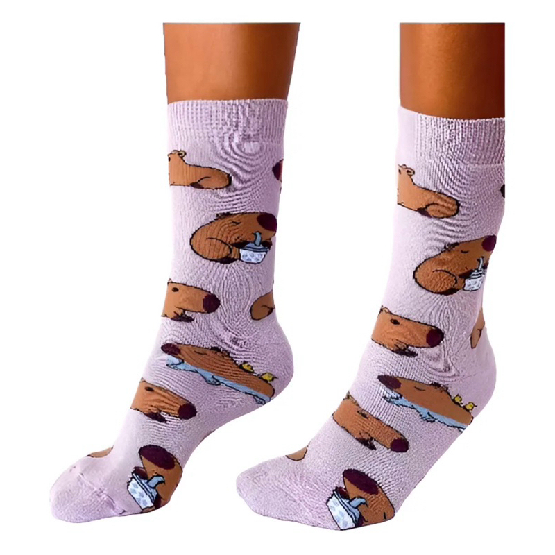 Meia Capivara Lilas Divertida Algodão Premium Atoalhada Confortável Casual