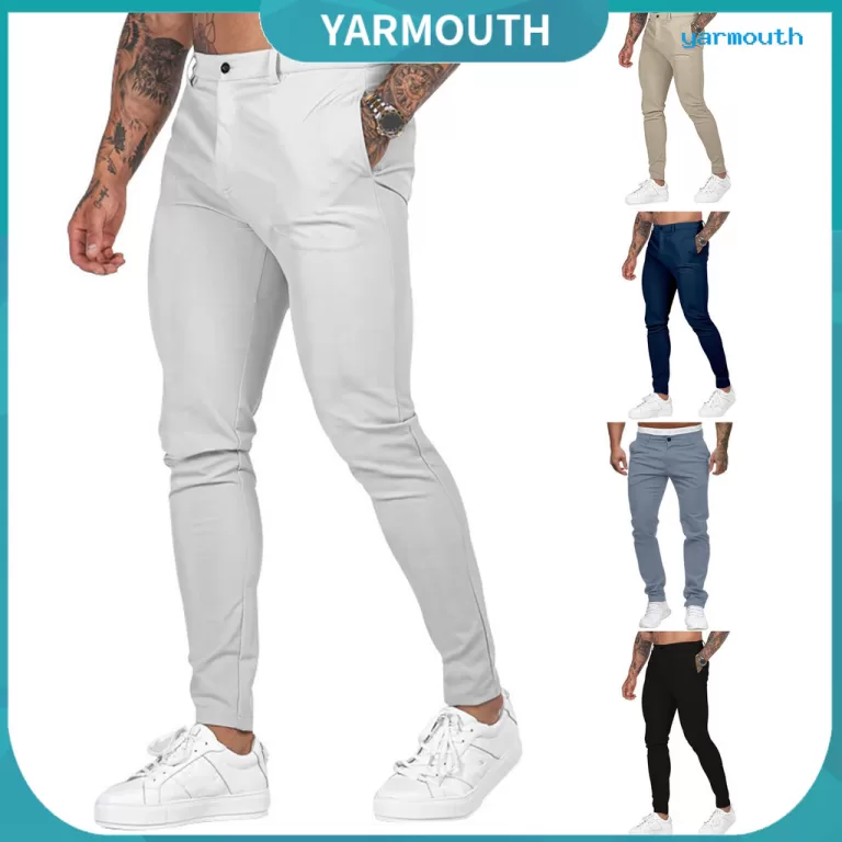 [YAR] Calças Masculinas Slim Fit , Cor Sólida , 