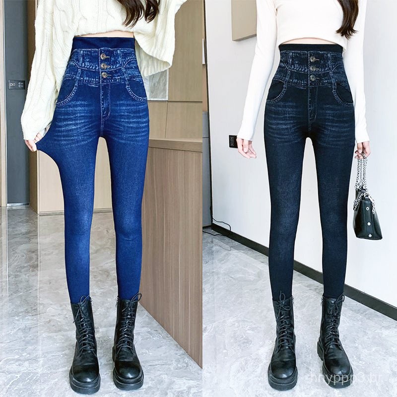 2025 Primavera Novas Leggings Femininas de Faux Denim Finas de Cintura Alta, Super Stretch, Tamanho