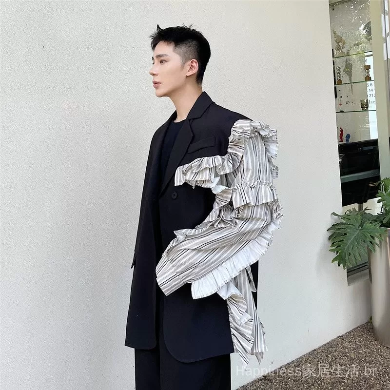Envio em 24 horas 2024 Outono Inverno Novo Terno Masculino Cantor Jaqueta Irregular Roupa de Perfo