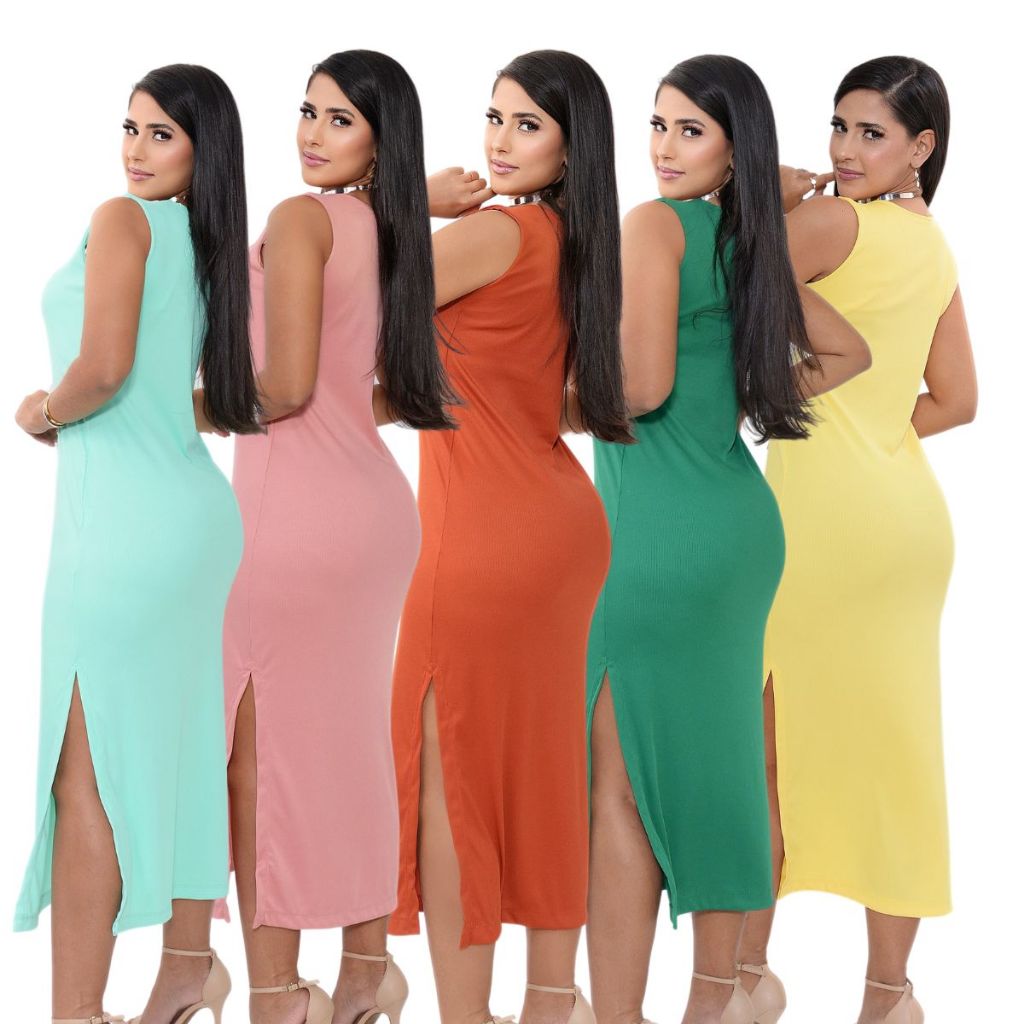 Vestido Feminino Casual Midi Elegante Moderno Dia Dia Fenda Lateral Confortável Versátil Regata