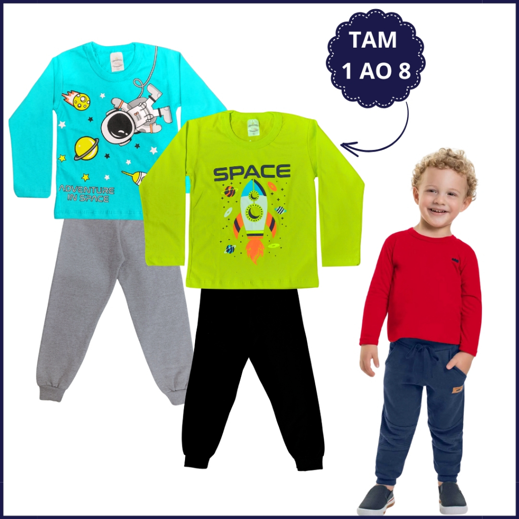 Kit 4 Peças Conjunto Infantil Menino Inverno 2 Camiseta Manga Longa 2 Calça Moletom Lisa 1 ao 16