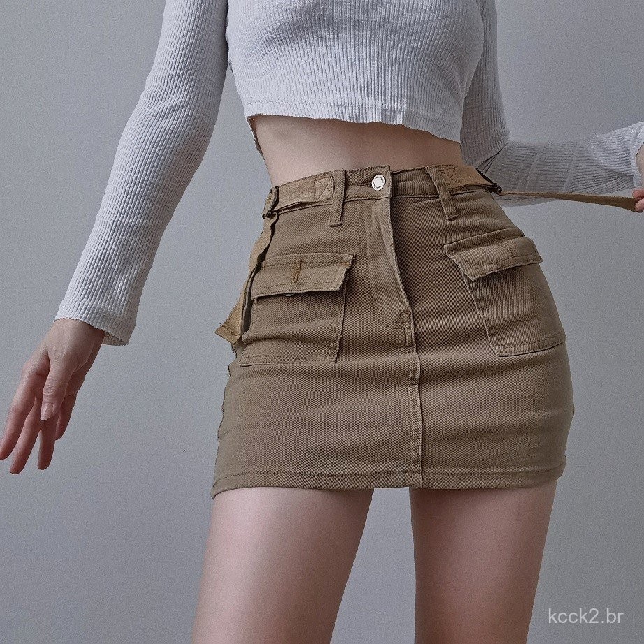 Saia de Jeans com Bolso para Mulheres, Estilo Europeu e Americano, Anti-Exposição, Retro, Cintura Al