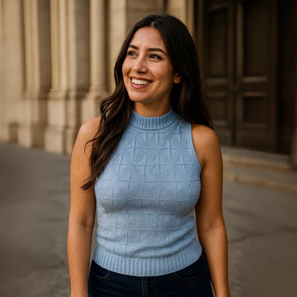 Regata Elegante Tricot Modal Gola Alta Feminina Com Losangos em Relevo Leve Estilosa e Confortável