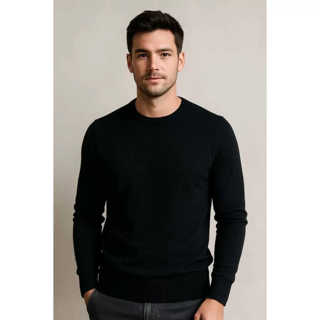 Camisa Suéter Masculino Tricot Manga Longa de Frio Liso Gola Redonda M G Moda Outono Inverno REF:427
