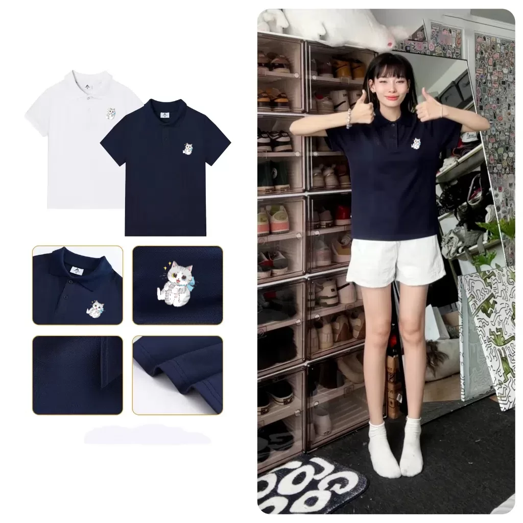 Camisa Polo Feminina Estilo Japonês Com Estampa De Gato-Verão Versão Coreana Sólida Manga Curta Gola