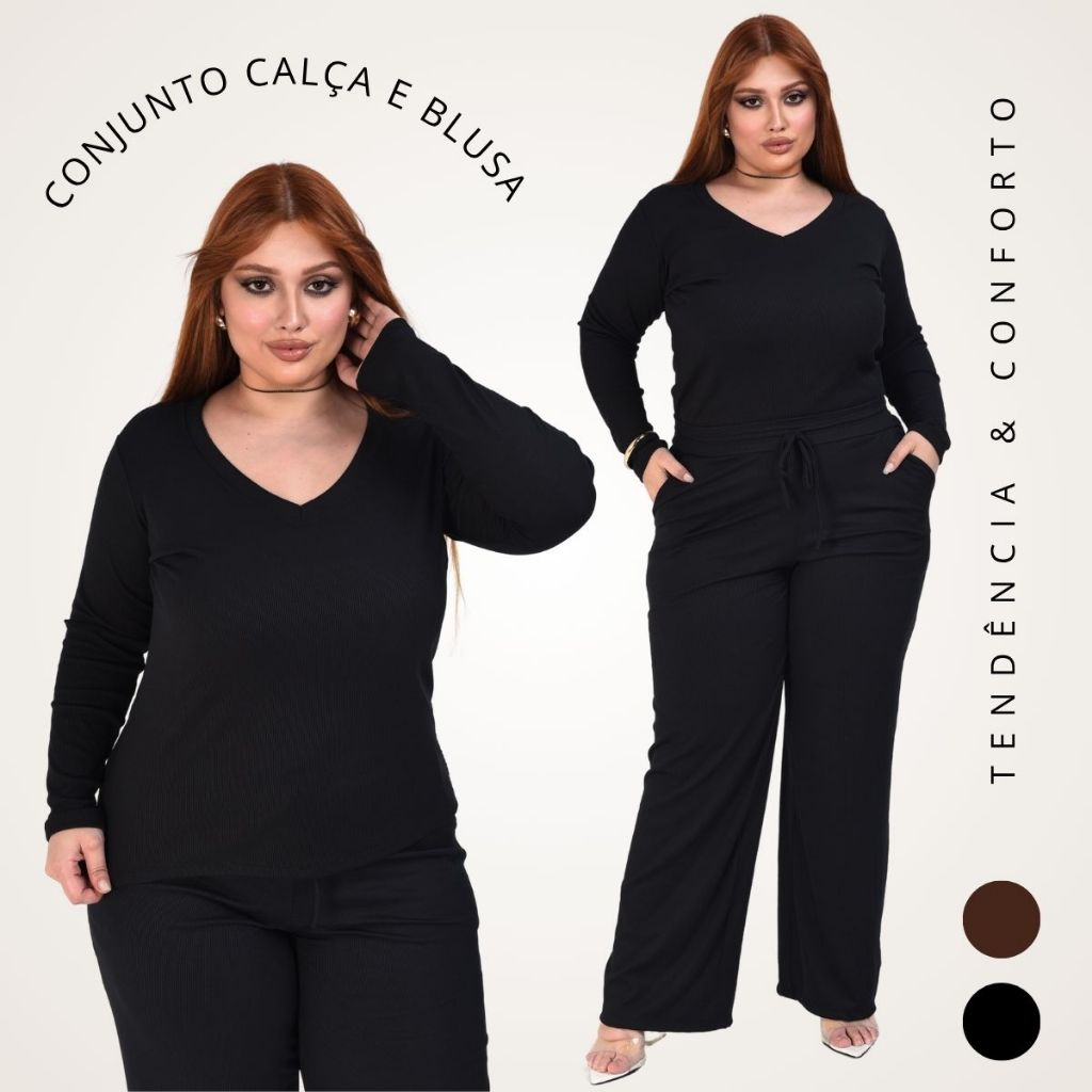 Conjunto Plus Size Calça Pantalona Wide Leg e Blusa Casual  Manga Longa Dia dos Namorados