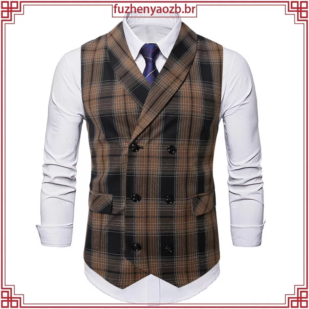 Colete De Terno Masculino Xadrez De Negócios Vestido Formal Fino Ajuste Coletes Para Homem Com 2 Bol