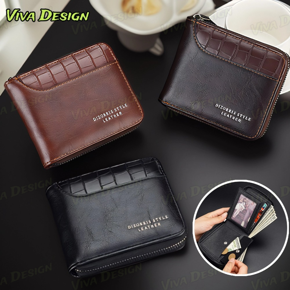 Carteira Curta Masculina Com Padrão De Pedra-Bolso Para Moedas Zíper Vários Cartões E Bordas Costura