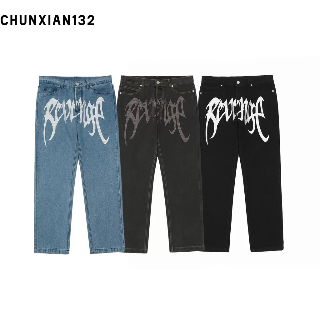 2024 Europa e América REVENGE Hip Hop Street Print Jeans Trend Casual Flit Calças Lutas Masculino