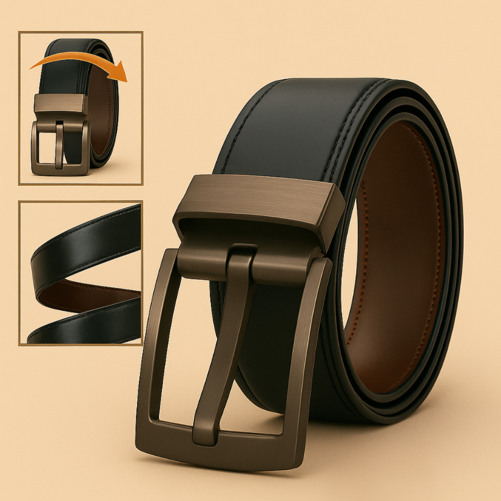 Cinto Masculino Couro Dupla Face com Fivela Giratória Cores Preto e Marrom