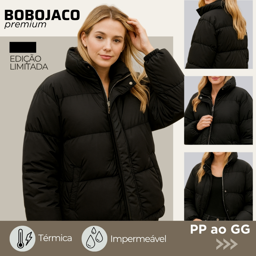 Jaqueta Feminina Puffer Impermeável Com Bolso Zíper Reforçado e Botão Niquelado