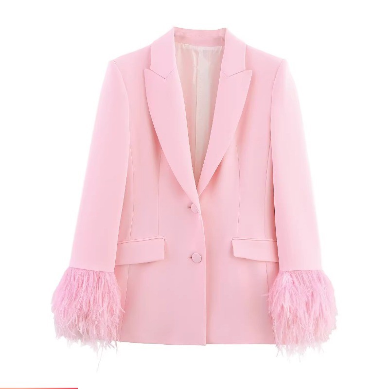 Blazer feminino estilo europeu americano com punho de penas 3419324
