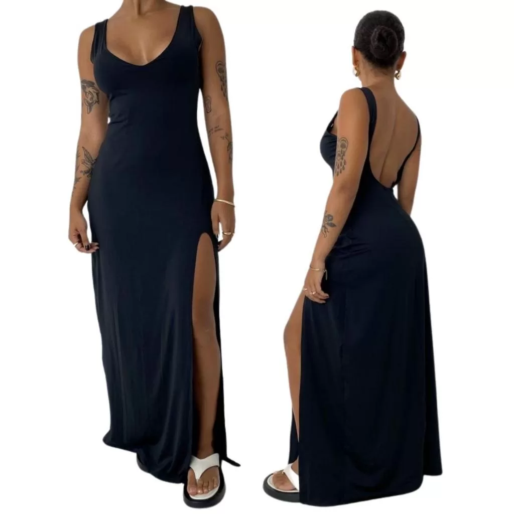 Vestido Longo Feminino Costa Nua Forro Duplo Confortável Versátil