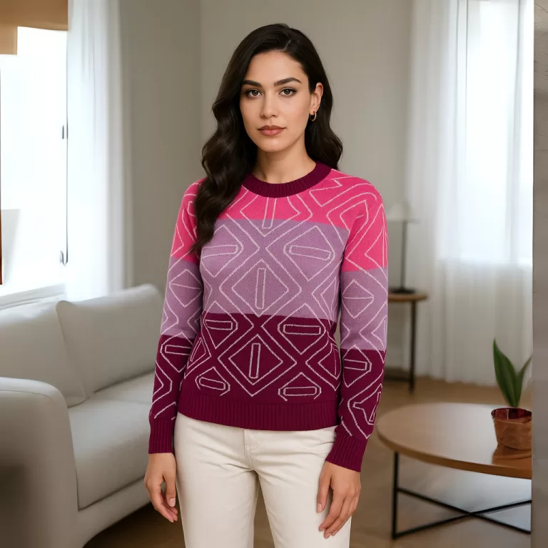 Blusa Feminina Tricot Geométrica Manga Longa Mode