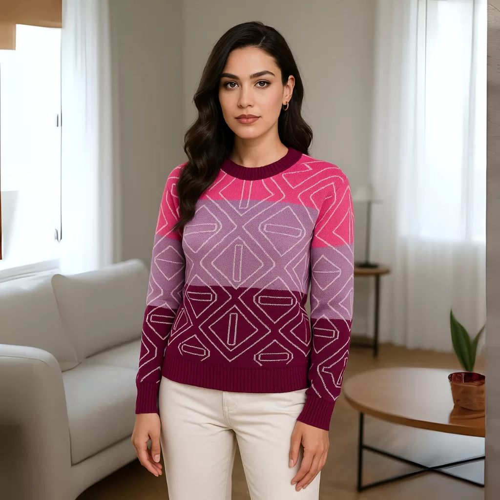 Blusa Feminina Tricot Geométrica Manga Longa Moderna Elegante Inverno