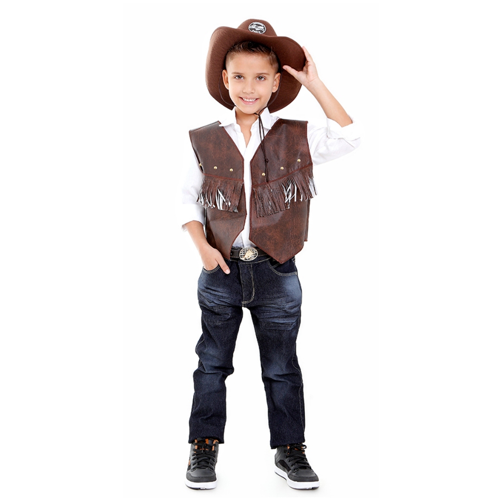 Kit Colete Com Chapéu Infantil Country Festa Junina Marrom