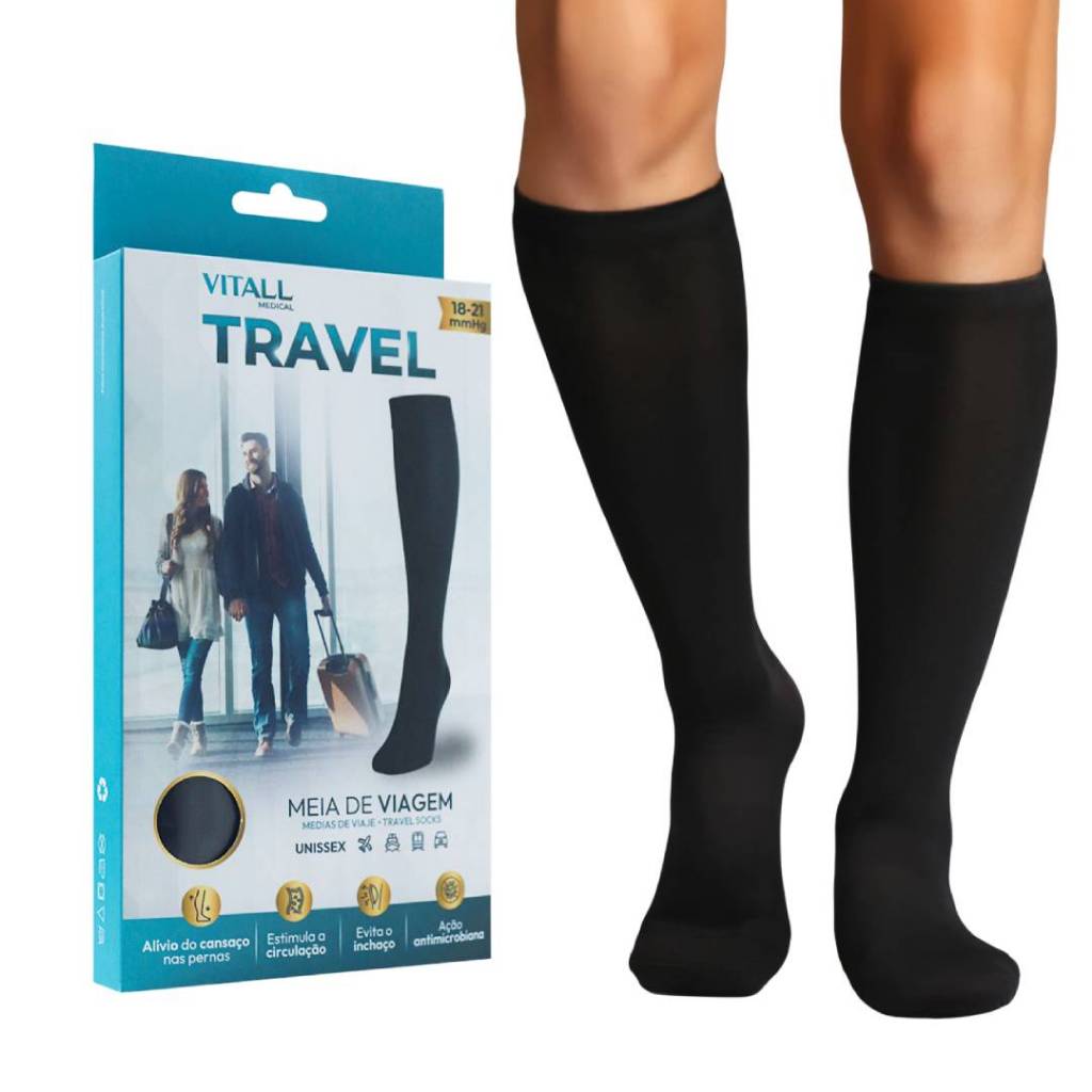 Meia Viagem de Avião Evita Trombose 3/4 Vitall Travel Com Ponteira Média Compressão Preta Unissex