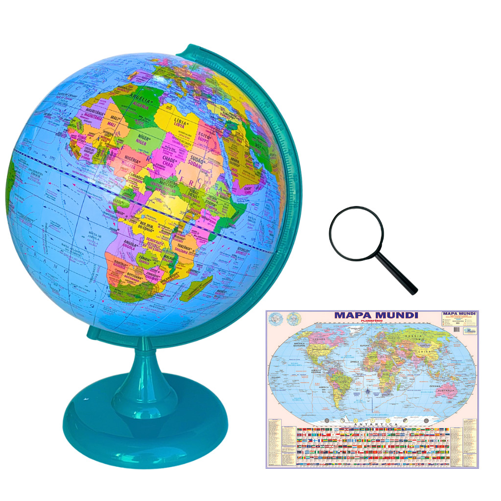 Globo Terrestre Político Bilíngue 30cm Diâmetro e 43cm Altura -Base Verde Turquesa + Mapa Mundi Giga