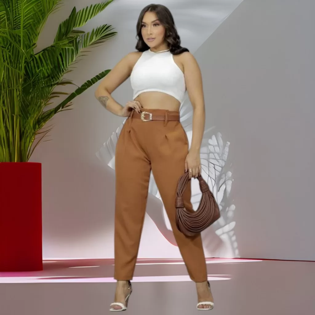 Calça Feminina Alfaiataria Com Cinto Cintura Alta Elegante  e Confortável Social e Casual