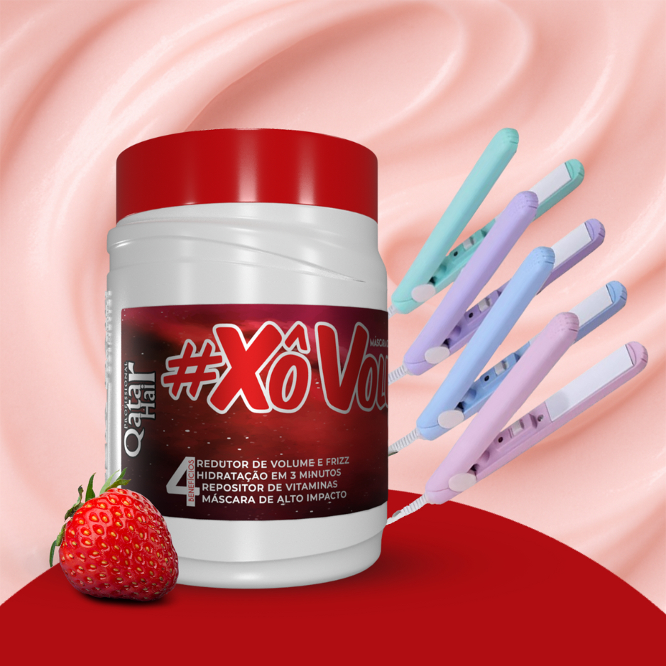 Xô Volume Morango 1kg – Qatar Hair + Mini Prancha Portátil | Escolha a Cor da Prancha