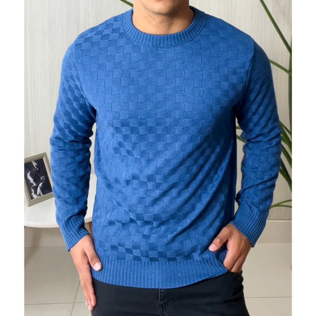 Sueter Masculino Lã Tricot Xadrez Blusa de Frio de Tricô Manga Longa Básica Elegante Confortável