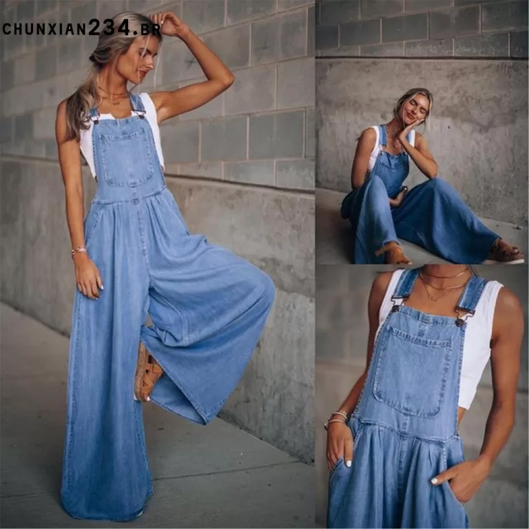 Feminino Solto Alça Ajustável Perna Larga Denim 