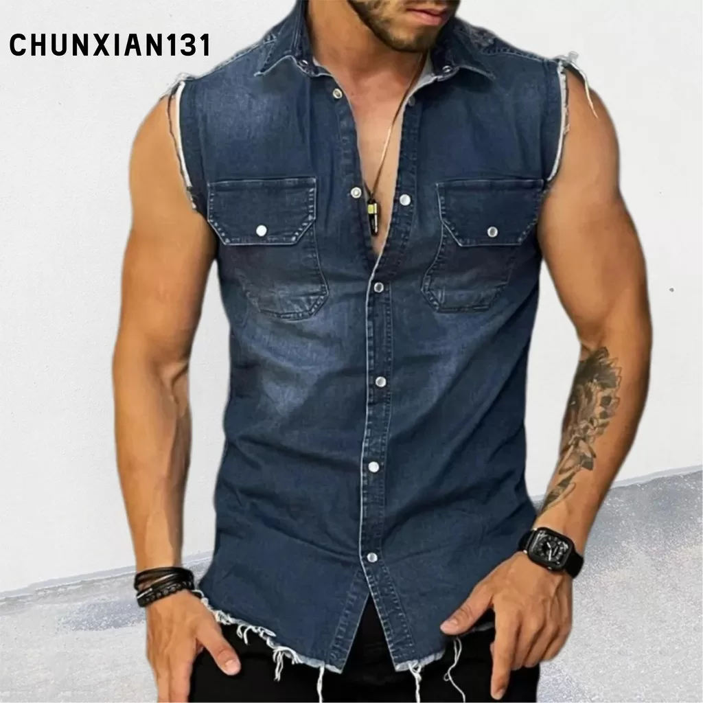 Jeans dos homens Slim Fit colete jaqueta sem mangas Casual rasgado motocicleta destruída