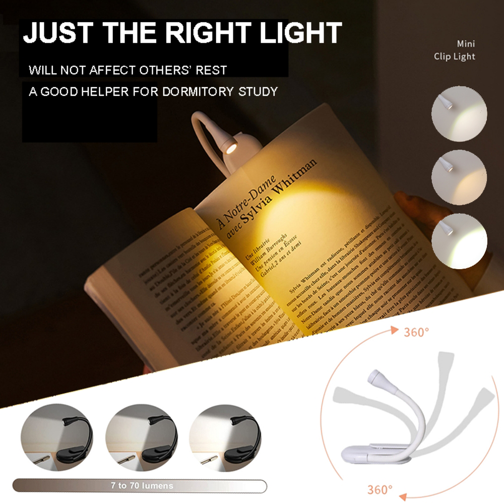 Luz de Livro LED Portátil Recarregável USB, Protetora dos Olhos, Mini 360° Clip-On para Leitura.