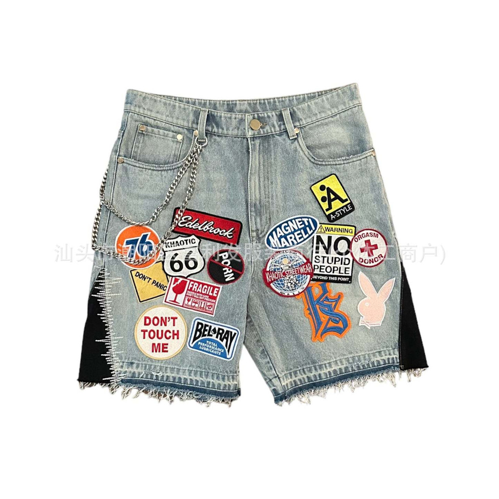 Shorts de Jeans com Patches Bordados Retro de Personalidade Hip Hop, Decoração de Metal Solta, Uniss