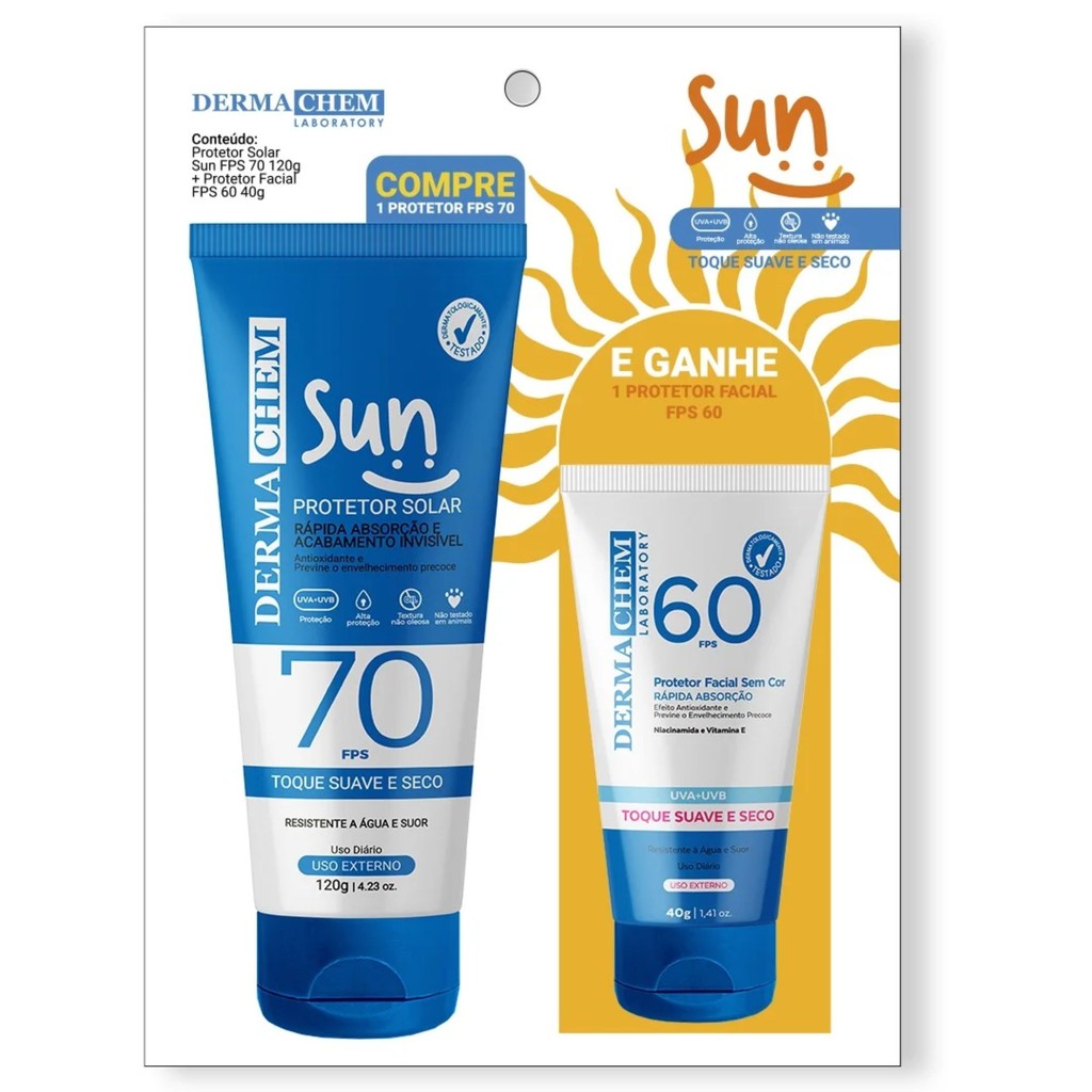 Kit Protetor Solar FPS 70 > 120G e Protetor Facial FPS 60 > 40g Dermachem