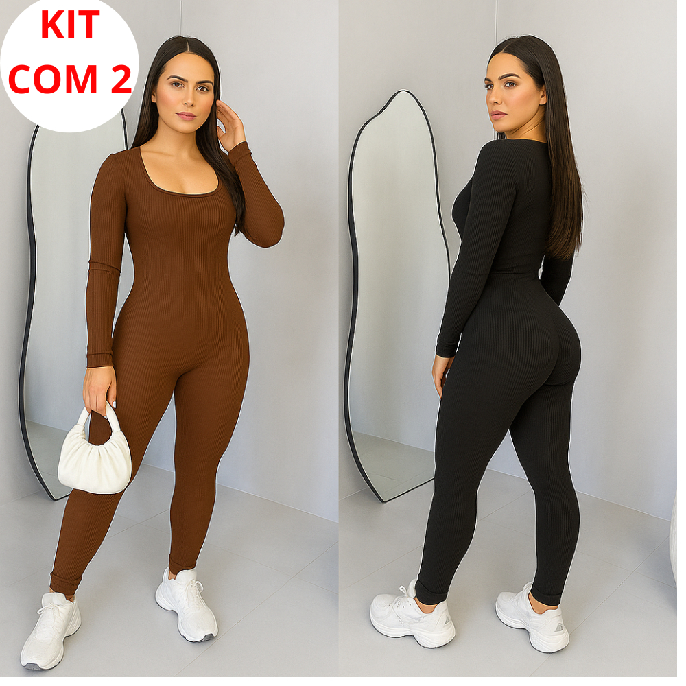 Kit 2 Macacões Feminino Canelado | Modela o Corpo | Estilo Virgínia | Manga Longa