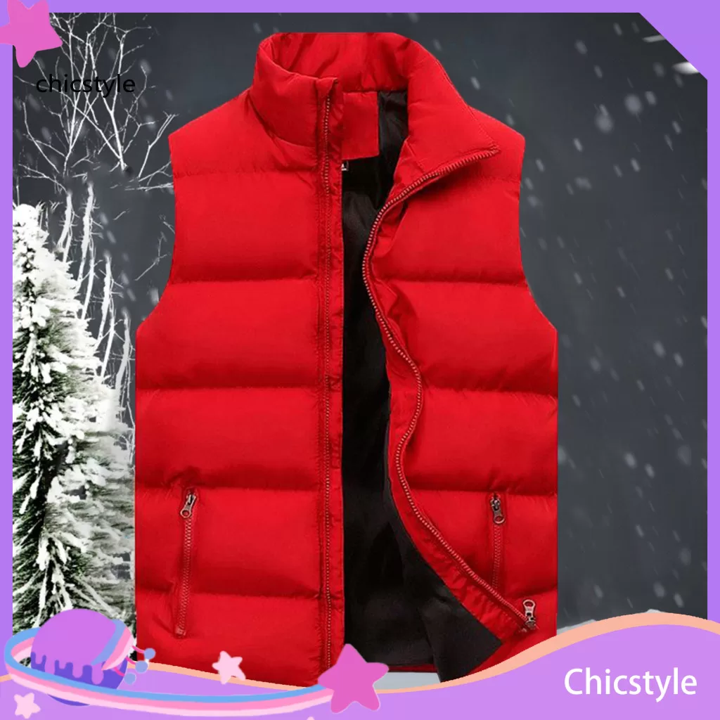 chicstyle Masculino Colete Jaqueta Cor Sólida Gola Zíper Algodão Acolchoado Engrossar À Prova De Fri