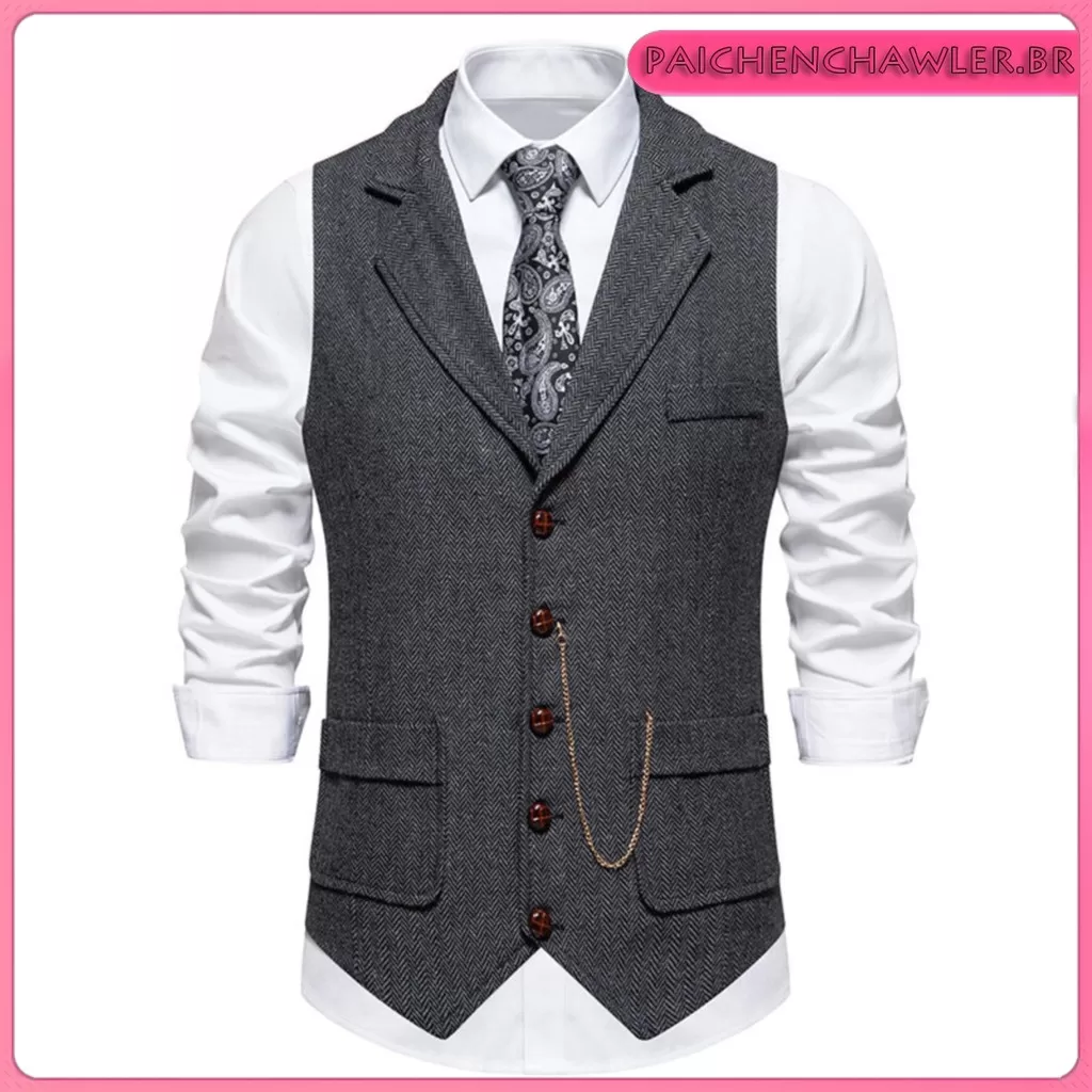 Lapela Retro Masculina Com Múltiplos Bolsos , Colete De Fato Casual Empresarial Fashionable