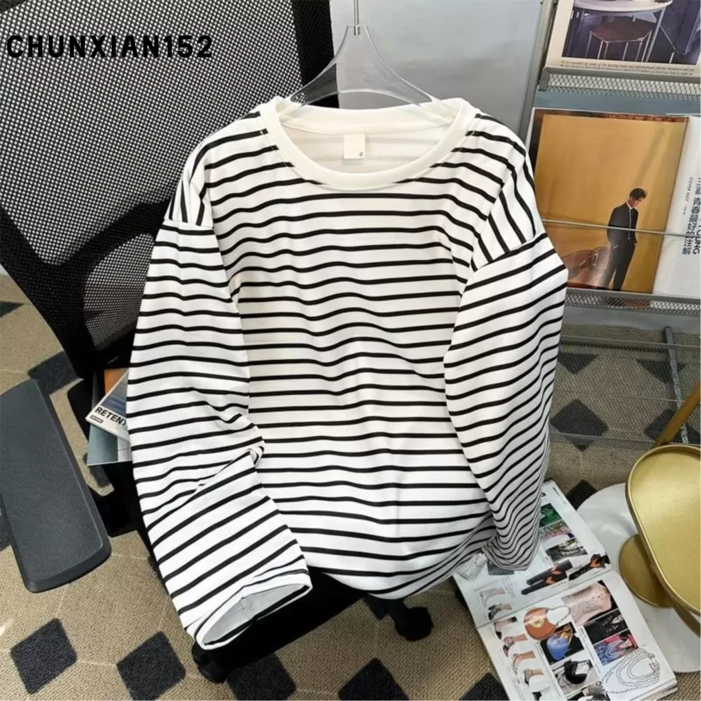 Heheshopbigest1 . br Camiseta Masculina Confortável Gola Redonda Elegante Camisa Listrada Casual Sol