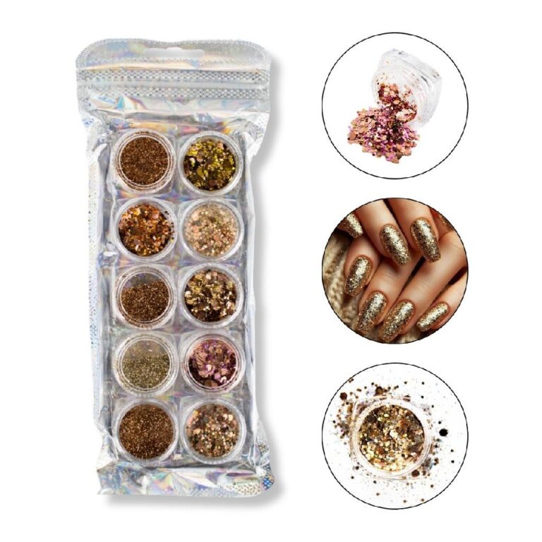 Kit 10 Glitters Flocado Fino Tons Dourado Unha Gel