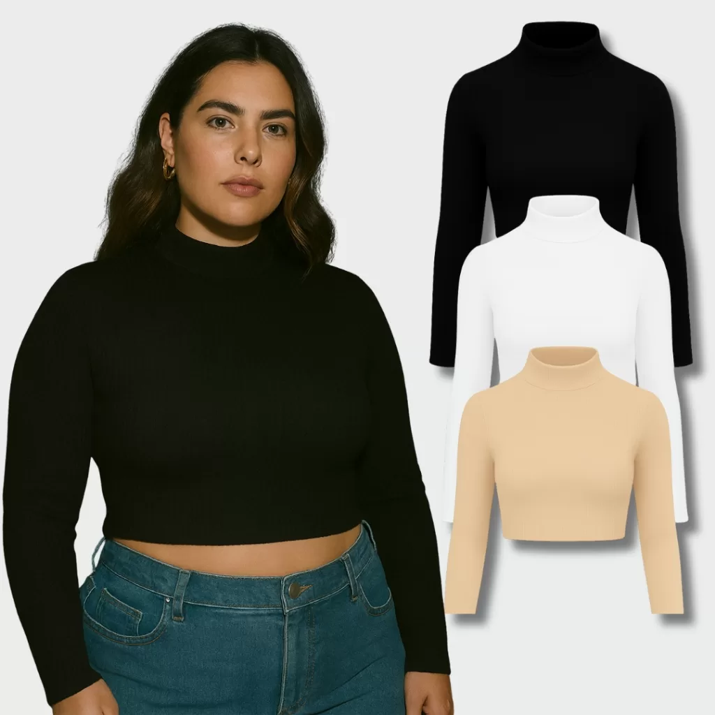 Kit Cropped Feminino Plus Size Manga Longa Gola alta Canelado