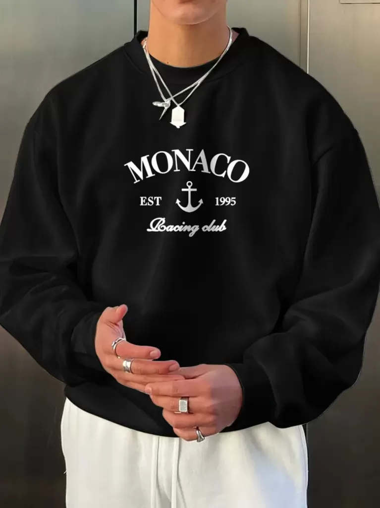 Moletom Maculino Blusa de Frio Casaco Grosso Sem Capuz Flanelado Estampado Monaco Lançamento