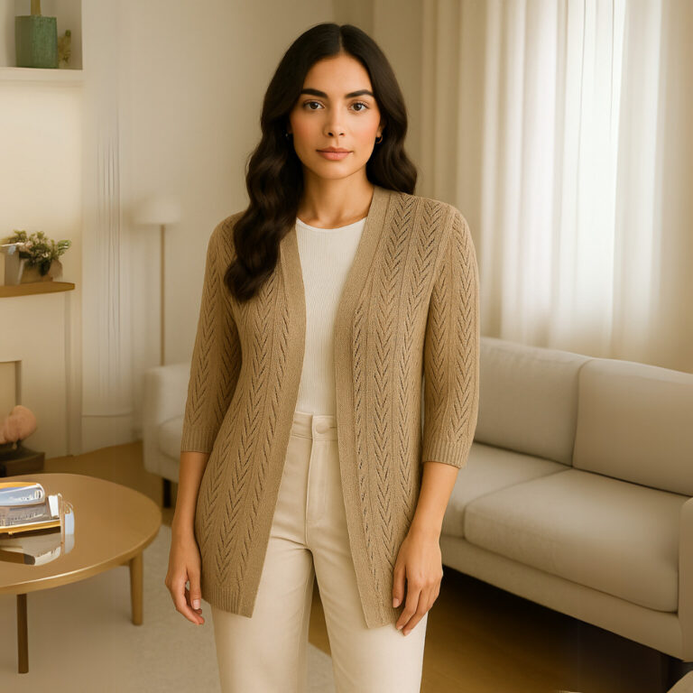 Cardigan Feminino Tricot Manga 3/4 Vazado Elegante