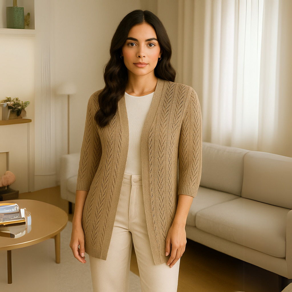 Cardigan Feminino Tricot Manga 3/4 Vazado Elegante Casual