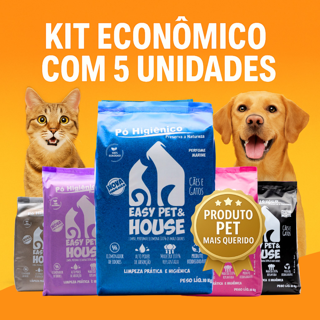Kit c/ 5 Aromas Pó Higiênico Easypet Eliminador de Odores p / Caixa de Areia e Seca Xixi Cães e Gato