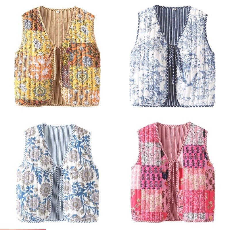 Europeu americano envio feminino novo estilo aleatório flor impressão Design colete de renda