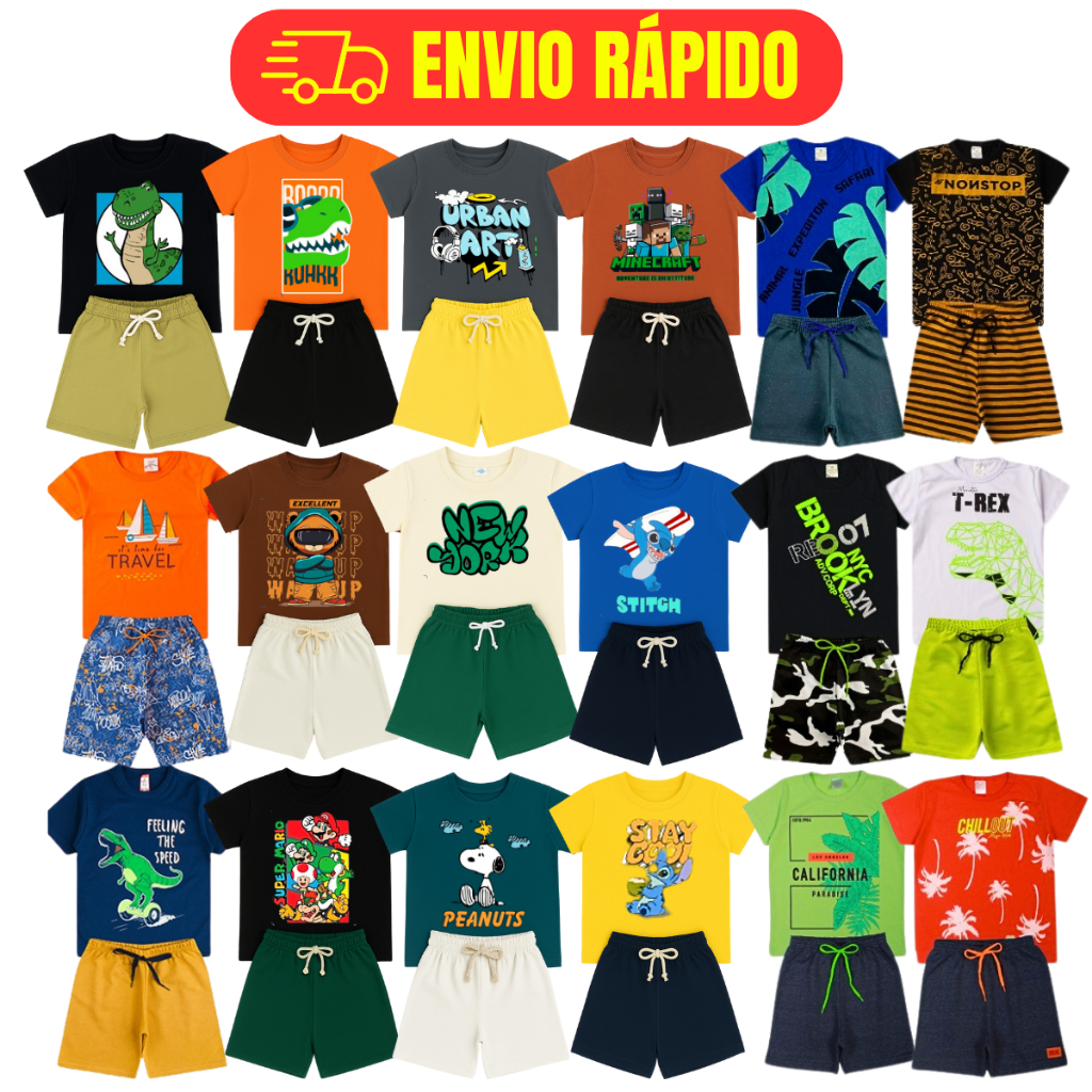 Kit Roupa Infantil Menino 8 Peças Verão 4 Camisetas 4 Bermudas Estilosas | Conjunto Infantil Menino