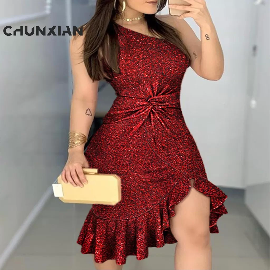 Vestido feminino sem manga um ombro glitter cor lisa babado slit club festa de baile de formatura