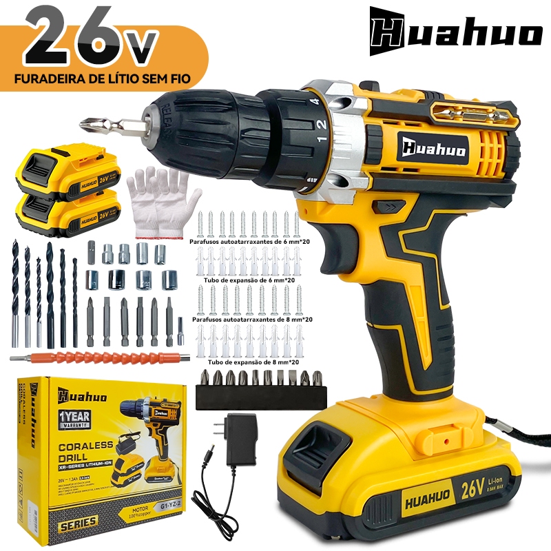 Furadeira Parafusadeira 26V/18V/12V Baterias Sem Fio Impacto Com Maleta Completo Broca Caixa de pape