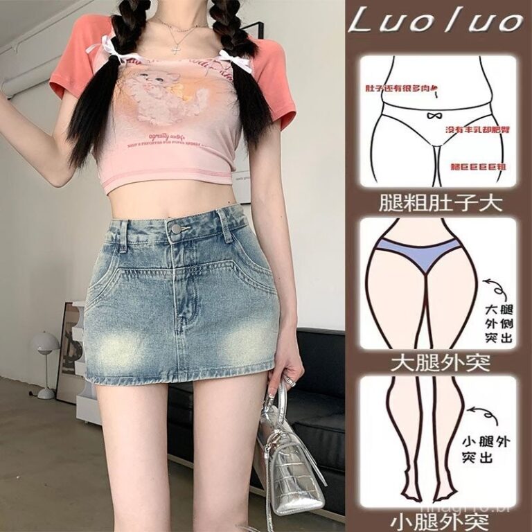 Saia de Jeans Retro de Cintura Alta Estilo America