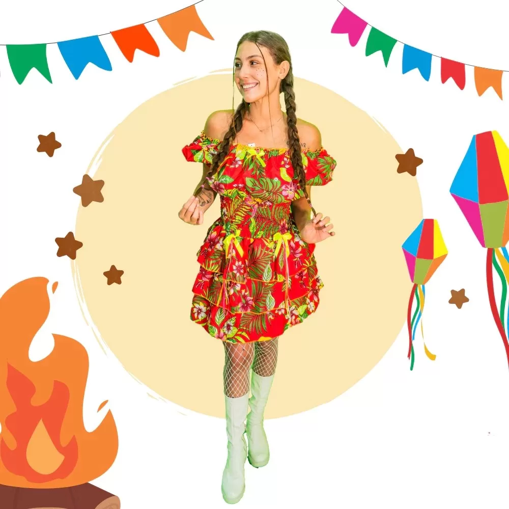 Vestido Feminino Adulto Festa Junina Sao Joao Quadrilha Caipira Vermelho Verde Azul Amarelo 15