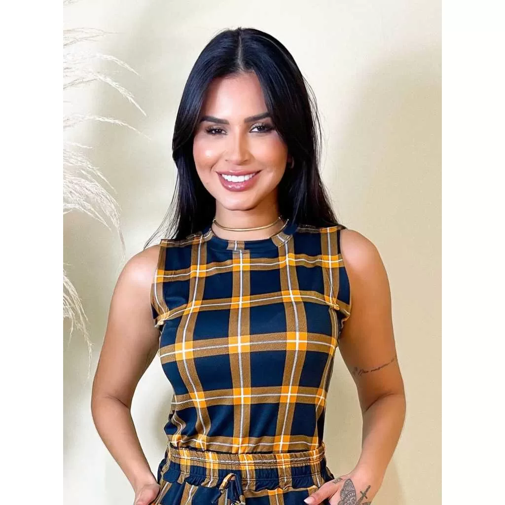 Regata Feminina Camiseta Xadrez Blusa de alça Junino Ribana Alcinha Blusinha Quadriculada